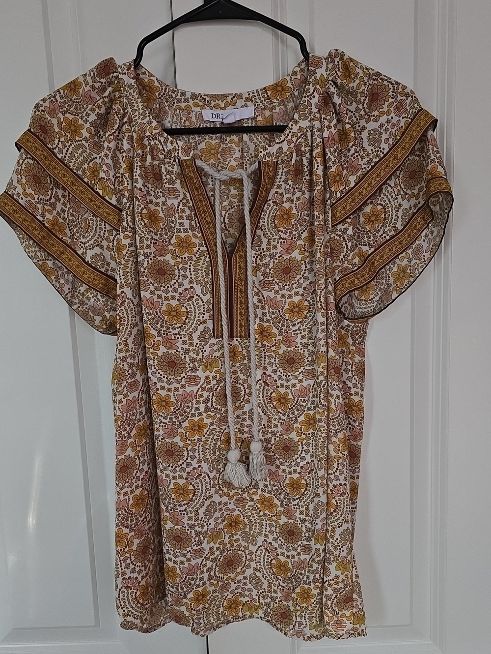 DR2 Floral Tassel Peasant Top - Cream, Mustard & Brown